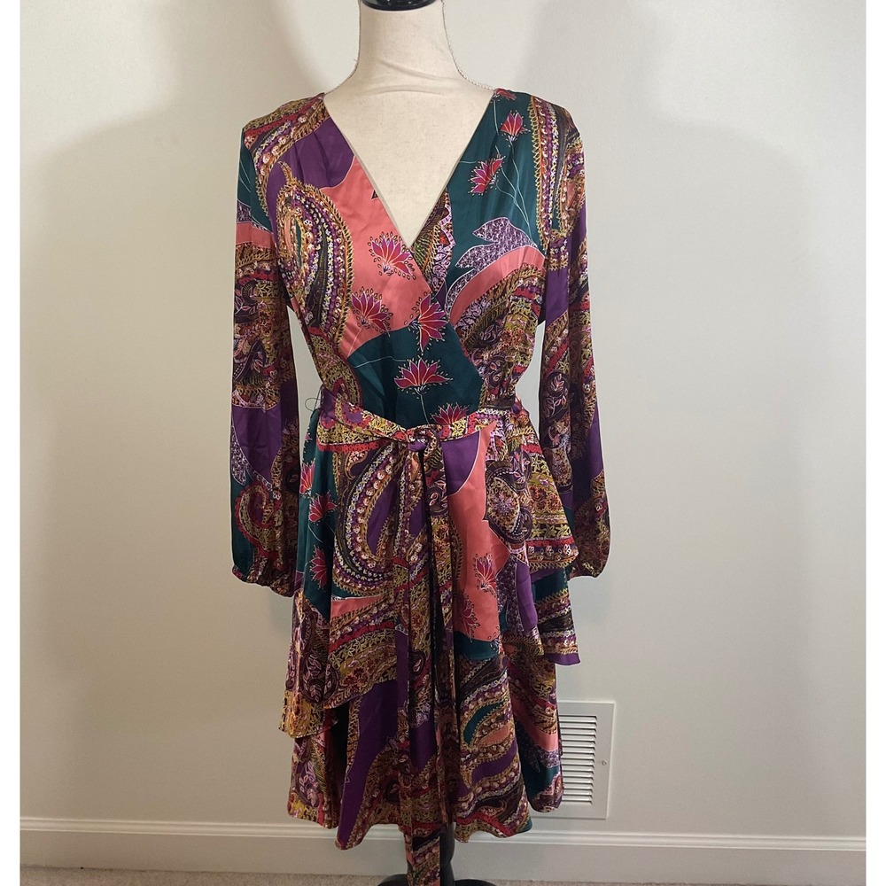 Tahari Arthur S Levine Paisley Floral Faux Wrap Ruffle Dress Women 12 Satin Boho